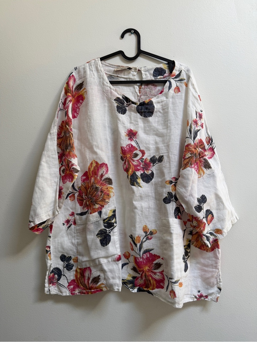 Francesca Bettini 100% Linen White Linen Tunic with Pink and Orange Floral Print